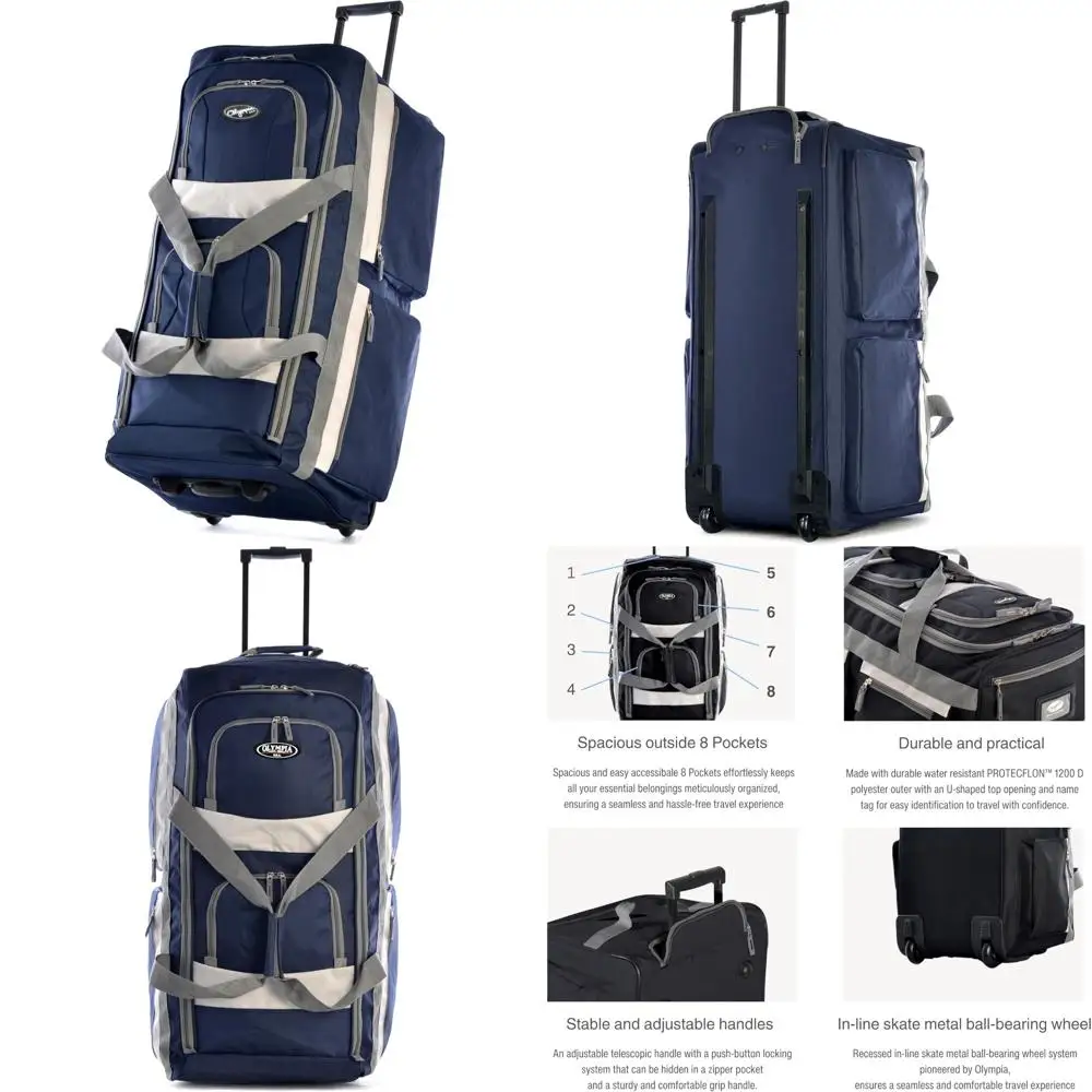 حقيبة القماش الخشن بعجلات مقاس 33 بوصة مع 8 جيوب، مقاومة للماء، خفيفة الوزن للسفر، حقيبة مع وظيفة ممتدة