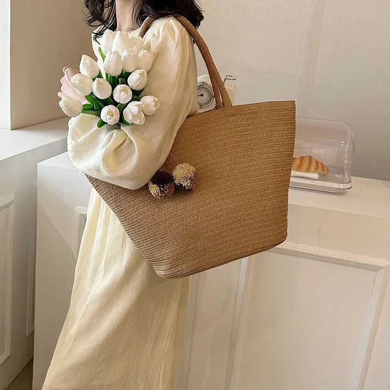 Large Capacity Straw Bag for Women Woven Handmade Handbags Lady Vacation Beach Tote Rattan Shoulder Purse with Fur Ball Pendant