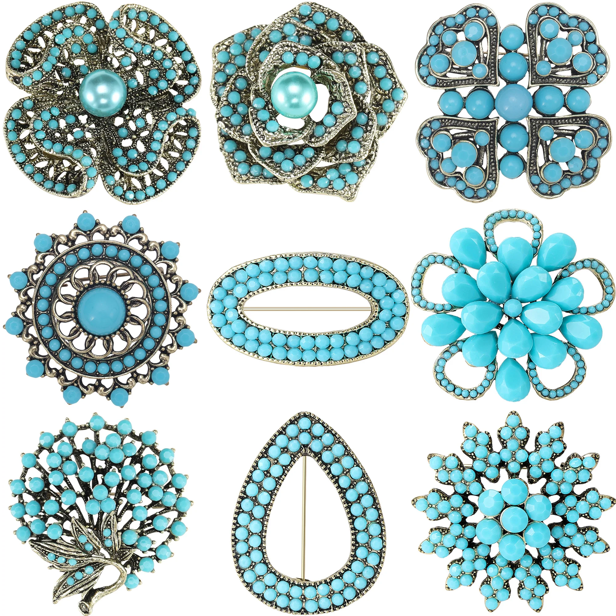 Turquoise Flower Brooches for Women Unisex Tibetan Style Turkish Blue Badge Pins Banquet Party Backpack Gifts Jewelry Accessorie