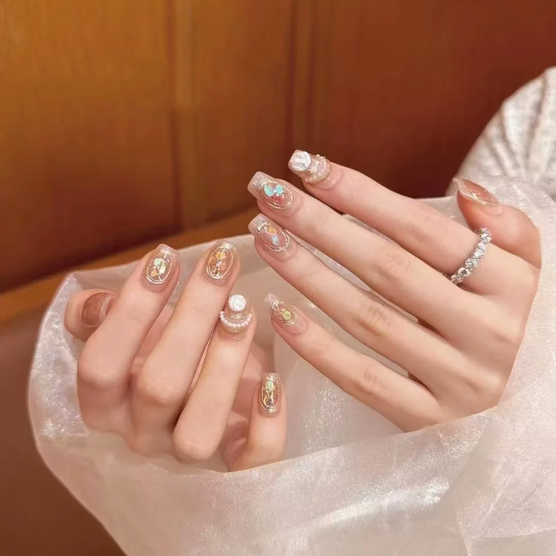 

New in Stock10 Pcs Champagne Pearl Rhinestone Shiny Nail Art Press on Nails