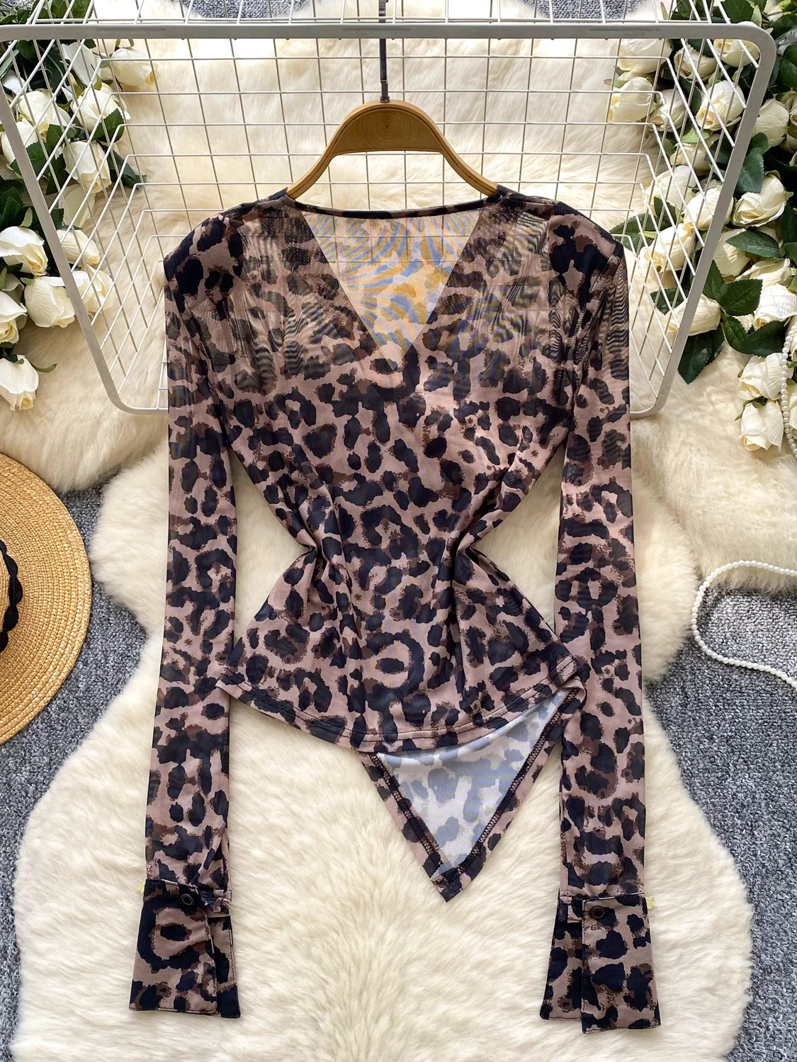 Cross V-ne Long Sve Leopard Print Me Top Donna Autunno Faion Design Dimagrante T-shirt asimmetrica Traspirante Comodo...