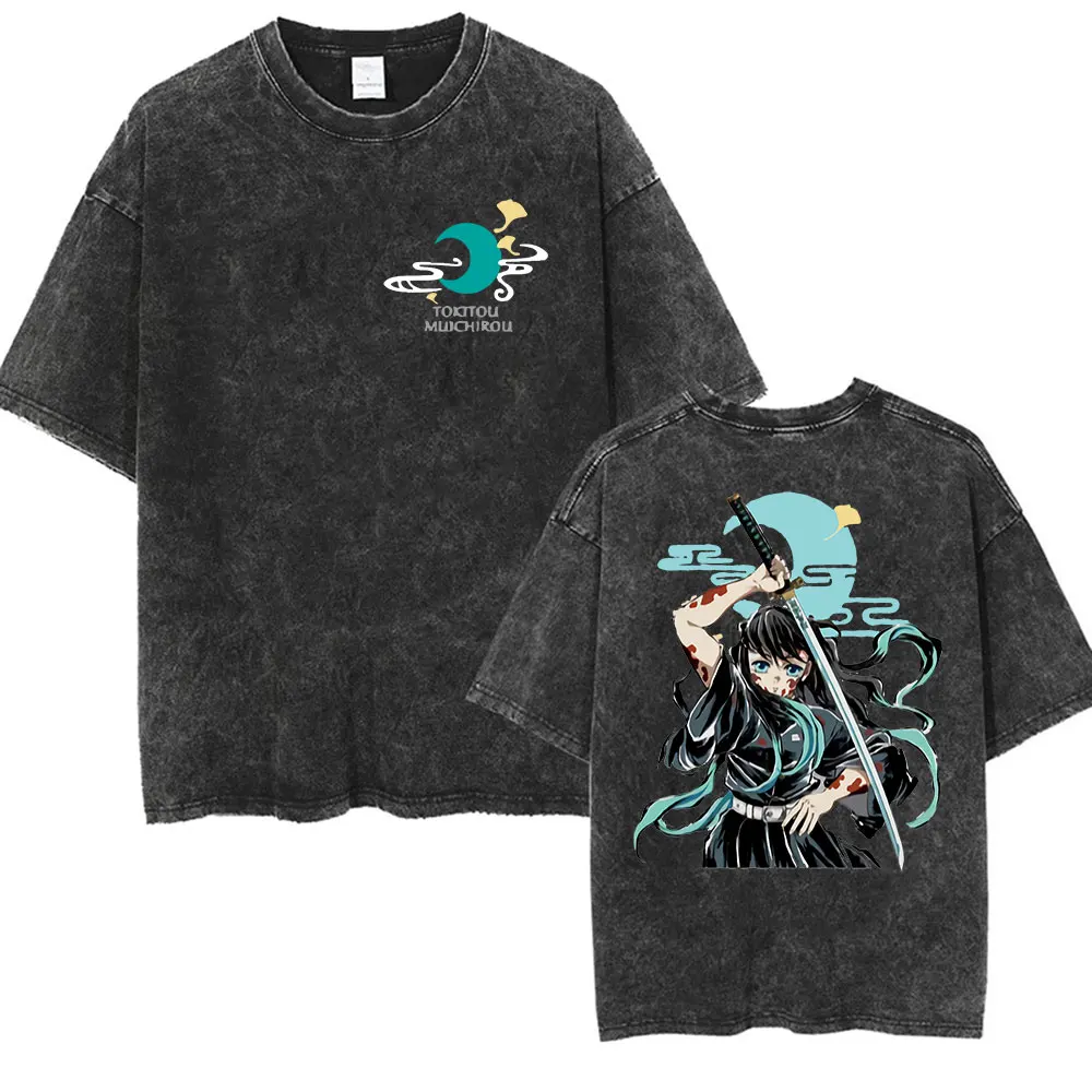 

Vintage Washed Anime Muichiro Tokito Graphic Merch T Shirt Mens Women Fashion Oversized T Shirts Casual O-Neck Short Sleeve Tees