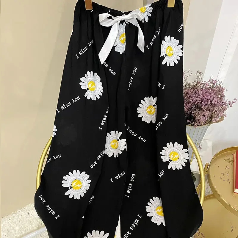 Women Sleep Pants Cotton Pajama Pants Print Loungewear Trouser Wide-legged Pants Sweatpants Casual Pajamas Beach Loose