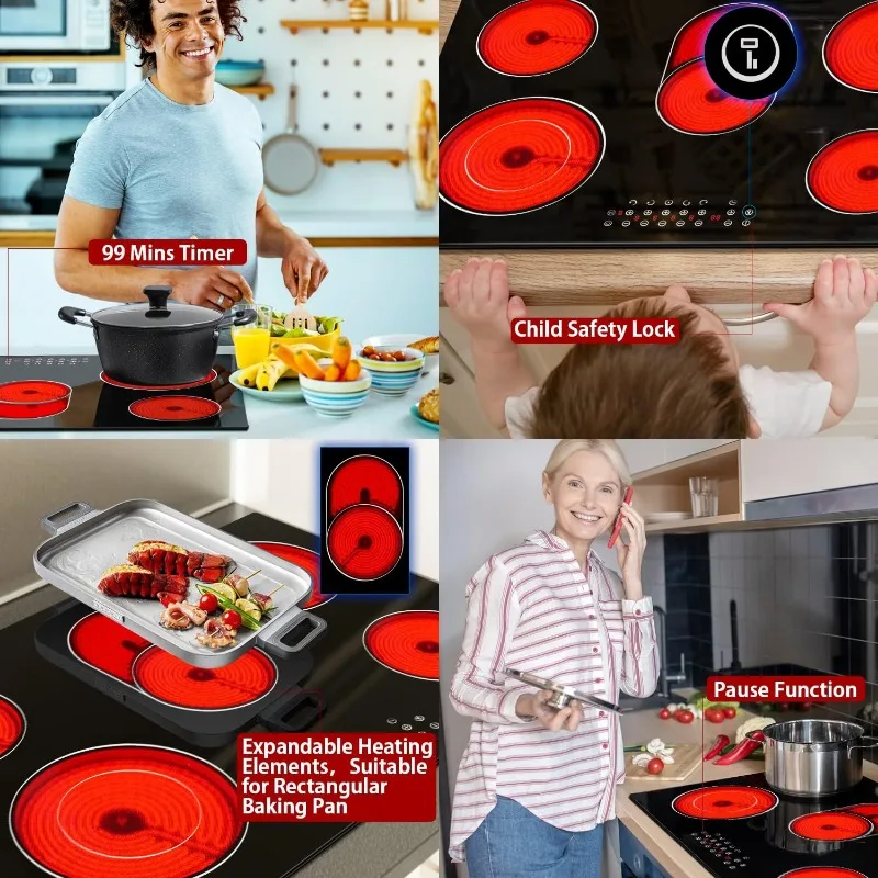 Noxton Cooktop listrik 30 inci 5 pembakar, atasan kompor listrik keramik tanam dengan Sensor kontrol sentuh