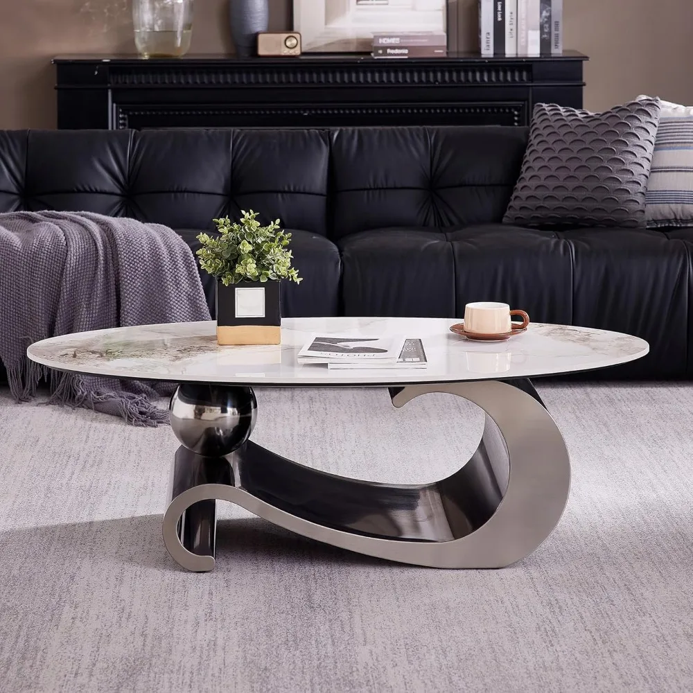 

49.2-Inch Modern Oval Marble Coffee Table with Sturdy Metal Base | Luxury Living Room Furniture for Home Decor
