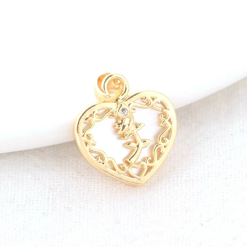 15*17MM 14K Gold Color Brass and Zircon Heart Flowers Charms Pendants Jewelry Making Supplies Diy Necklaces Findings Accessories