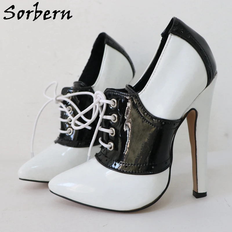 Sorbern Black And White Women Pump Shoes Lace Up High Heel Stilettos Pointed Toe Genuine Leather Fetish Shoe Crossdresser Heels