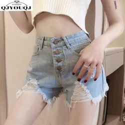 Shorts jeans de cintura alta para mulheres, solto e emagrecedor, calça quente na moda com buracos, nova versão coreana, primavera e verão