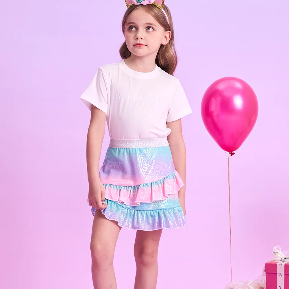 VIKITA Girls Tiered Ruffle Shiny Mermaid Print Gradient Irregular Fashion Stylish Polyester Beach Vacation Mini Skirts Outfits