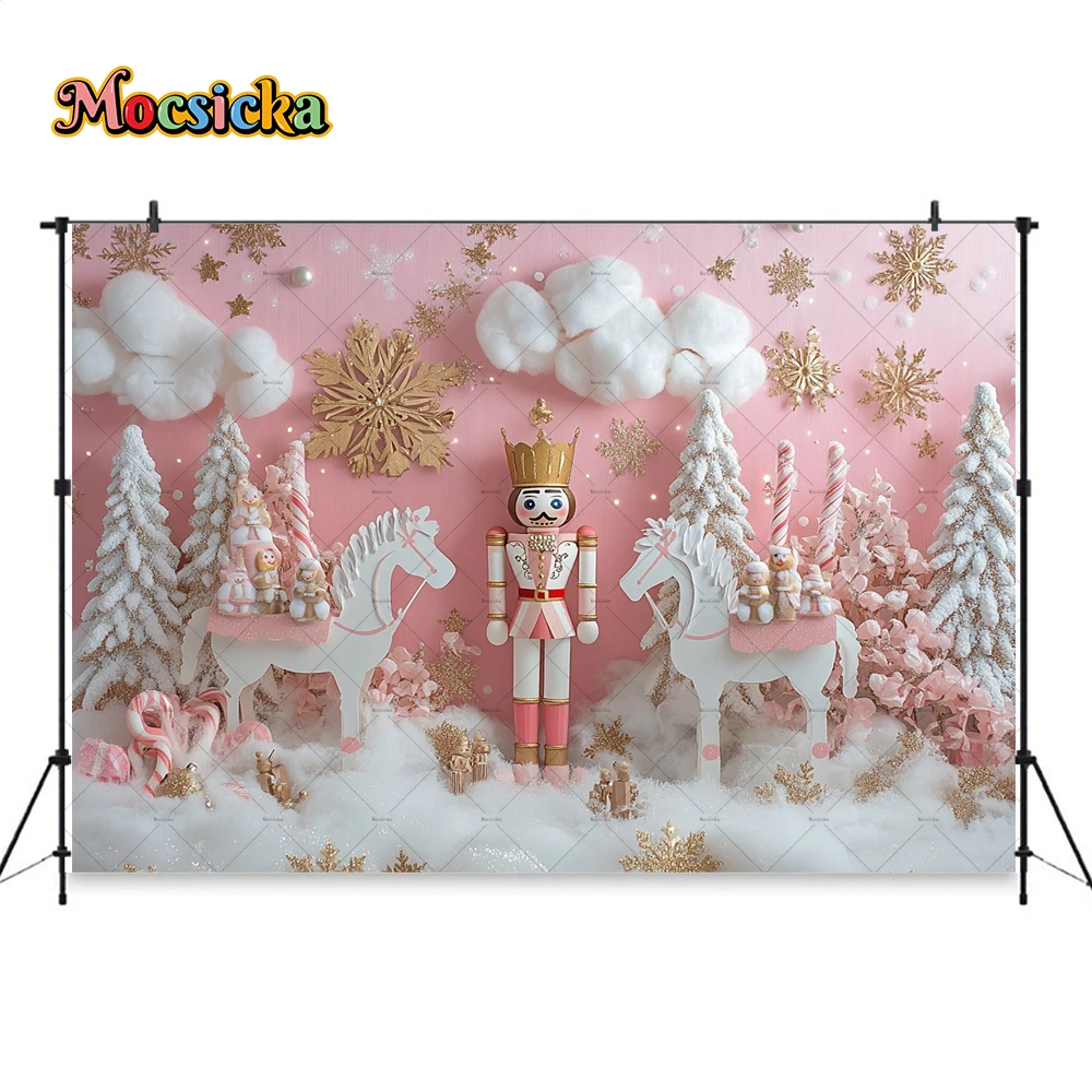 Winter Girl Birthday Pink Background Photography Candy Cane Gold Snowflake Nutcracker Soldier Backdrop Kids Cake Smash Photozone