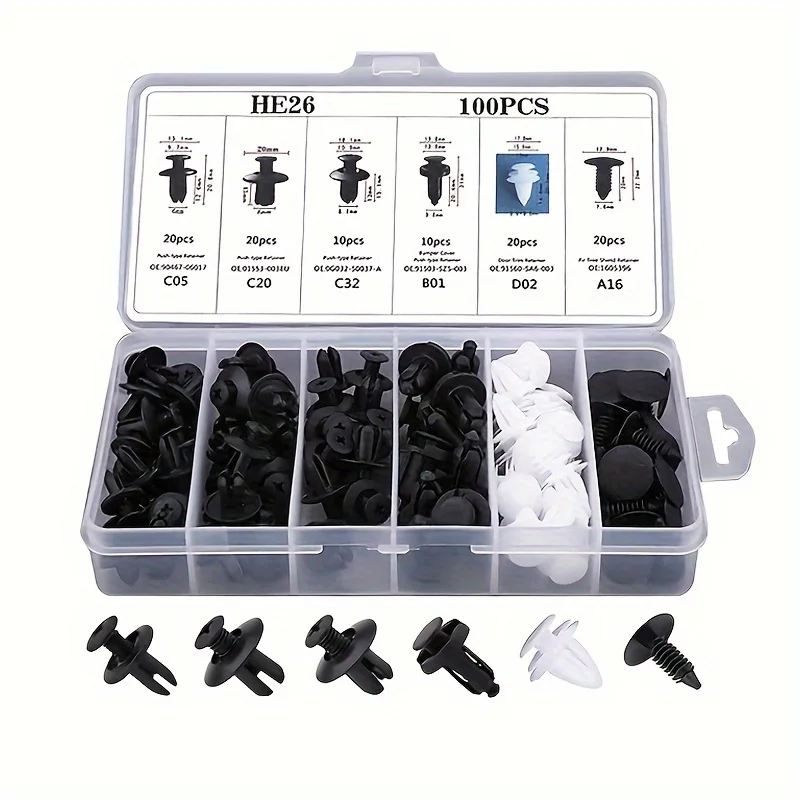 100 Stuks Auto Bevestigingsclip Set: Spatbordklemmen, Drukpennen, Kunststof Popnagels, Clips voor Bumper, Deurpanelen en Carrosserie auto bevestigingsclips kunststof popnagels carrosserie klemmen