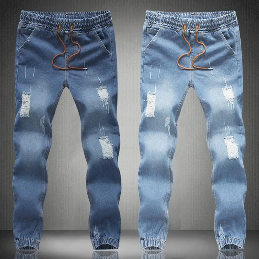 Jeans jeans de cordão masculino, calça lápis, slim fit, comprimento do tornozelo, rasgado, casual, magro, moda