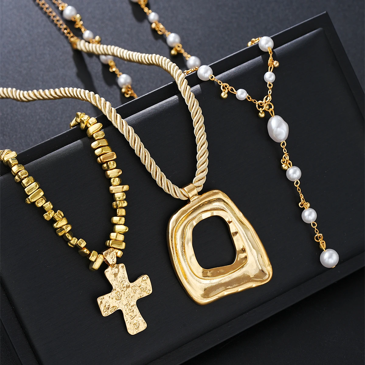 3 قطع مبالغ فيها غير النظامية الصليب قلادة قلادة مجموعة للنساء الأوروبية والأمريكية خمر حبات اللؤلؤ قلادة حزب مجوهرات #4