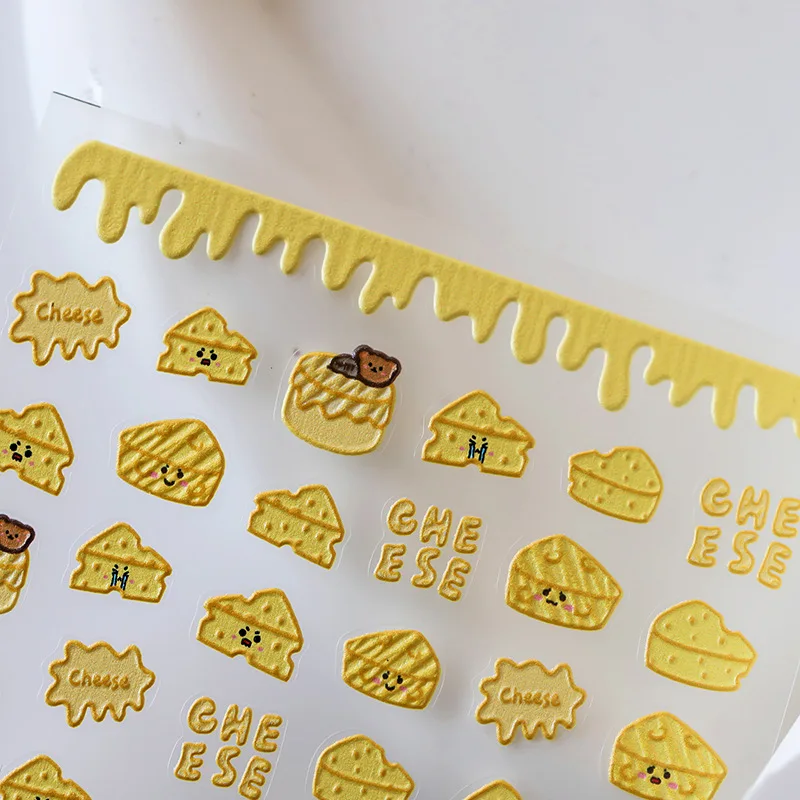 Cartoon Cheese Cake Design 5D Embossed Reliefs Self Adhesive Nail Art Decorations Stickers Cute 3D Manicure Decals Wholesale