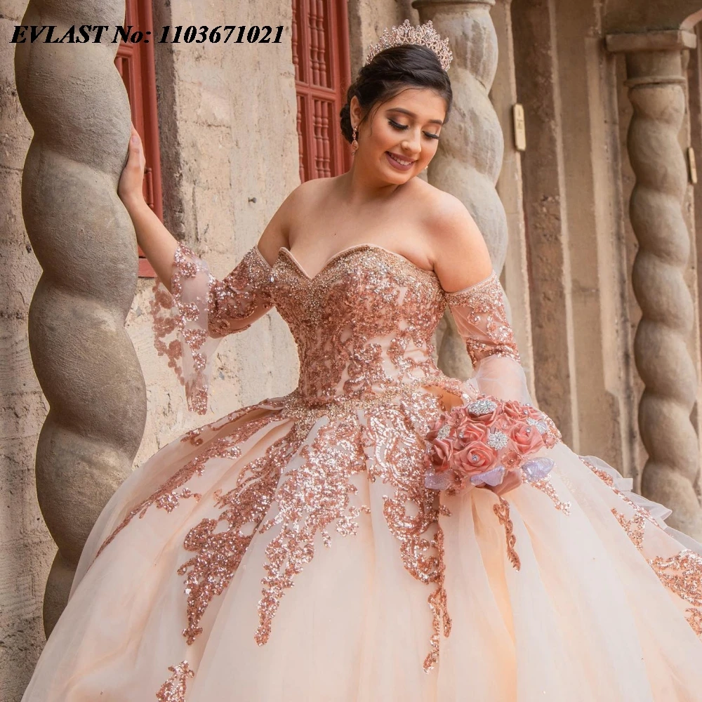 EVLAST disesuaikan gaun merah muda Quinceanera gaun bola renda Applique manik-manik lengan dilepas manis 16 Vestidos De 15 Anos SQ581