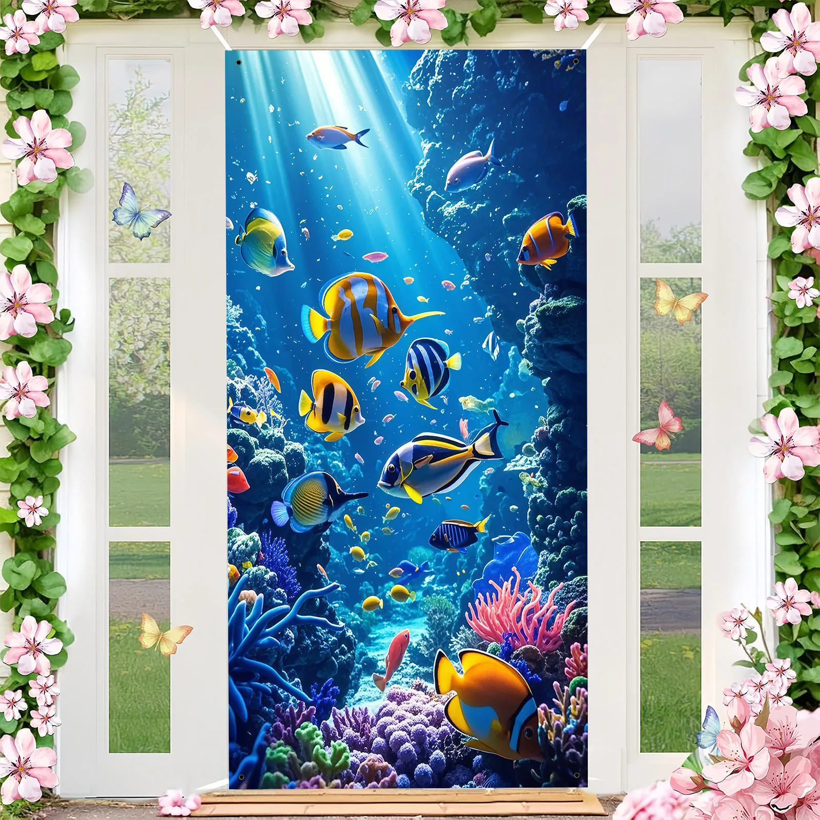 Ein lebendiges Unterwasser-Abenteuer-Partybanner – aus Polyesterfaser, mit Mustern von tropischen Fischen und Korallenriffen.