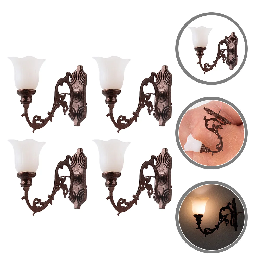 4 pezzi Retro Decor Lampada da parete per casa delle bambole Micro lampada paesaggistica Tavolo con sabbia fai da te Materiale decorativo Mini lampade nere luminose