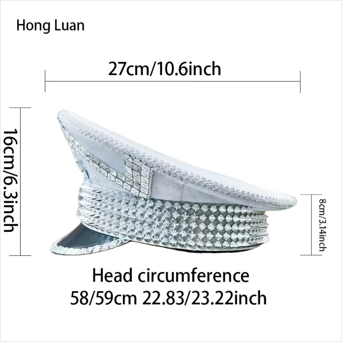 HongLuan Yellow Laser Leather Loop Captain Hat Rhinestone & Military Caps for Woman, Rave Festivals Accessories ＆ Party Cap Man