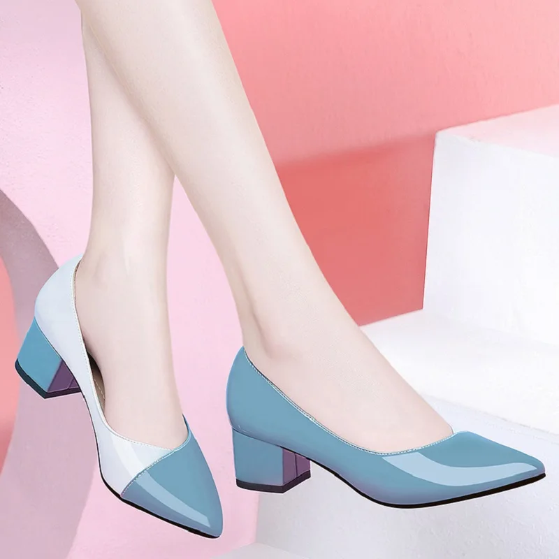 Female Fashion Light Weight Sky Blue High Quality Spring Slip on Square Heel Shoes for Office Women Sexy Party Comfy Pumps B9399