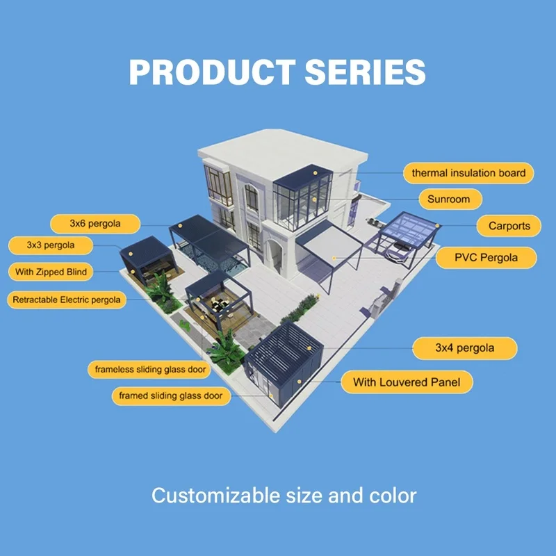 Aluminium Motorized Pergola Gazebo Louver Opening Waterproof Outdoor Wall Mounted Roof Cover Backyard Powder Coated