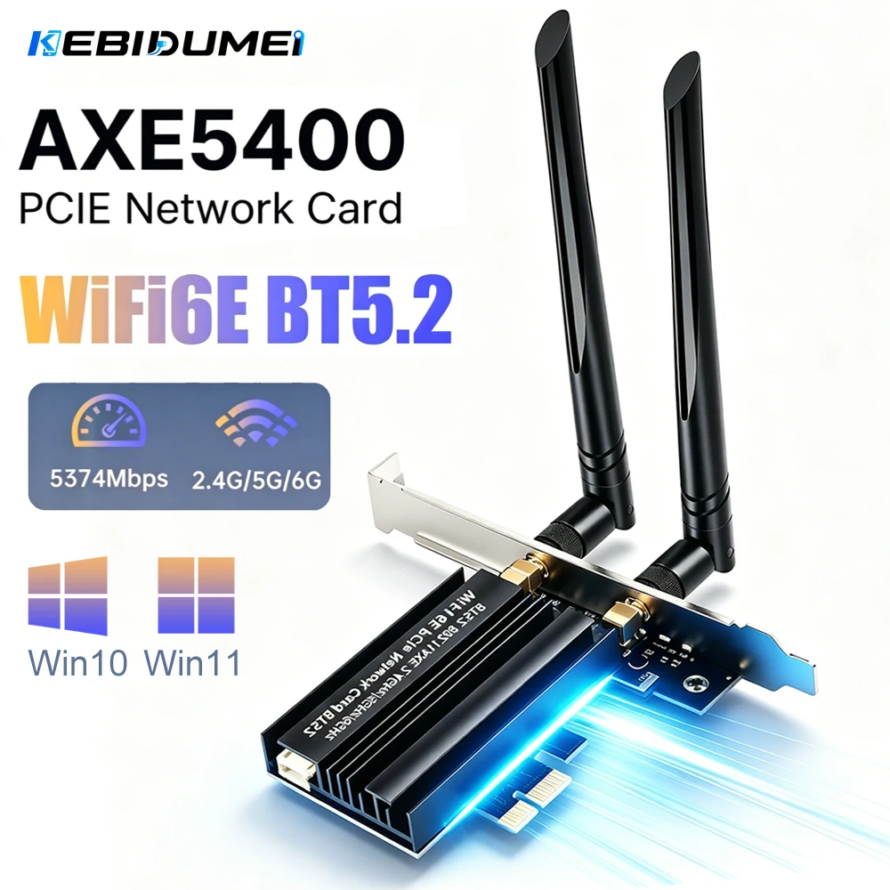KEBIDUMEI WiFi6E Tri Band 2.4G/5Ghz/6Ghz AX5400 PCIE Adapter BT 5.2 802.11AX Network Card Wireless Receiver For PC Win 10/11