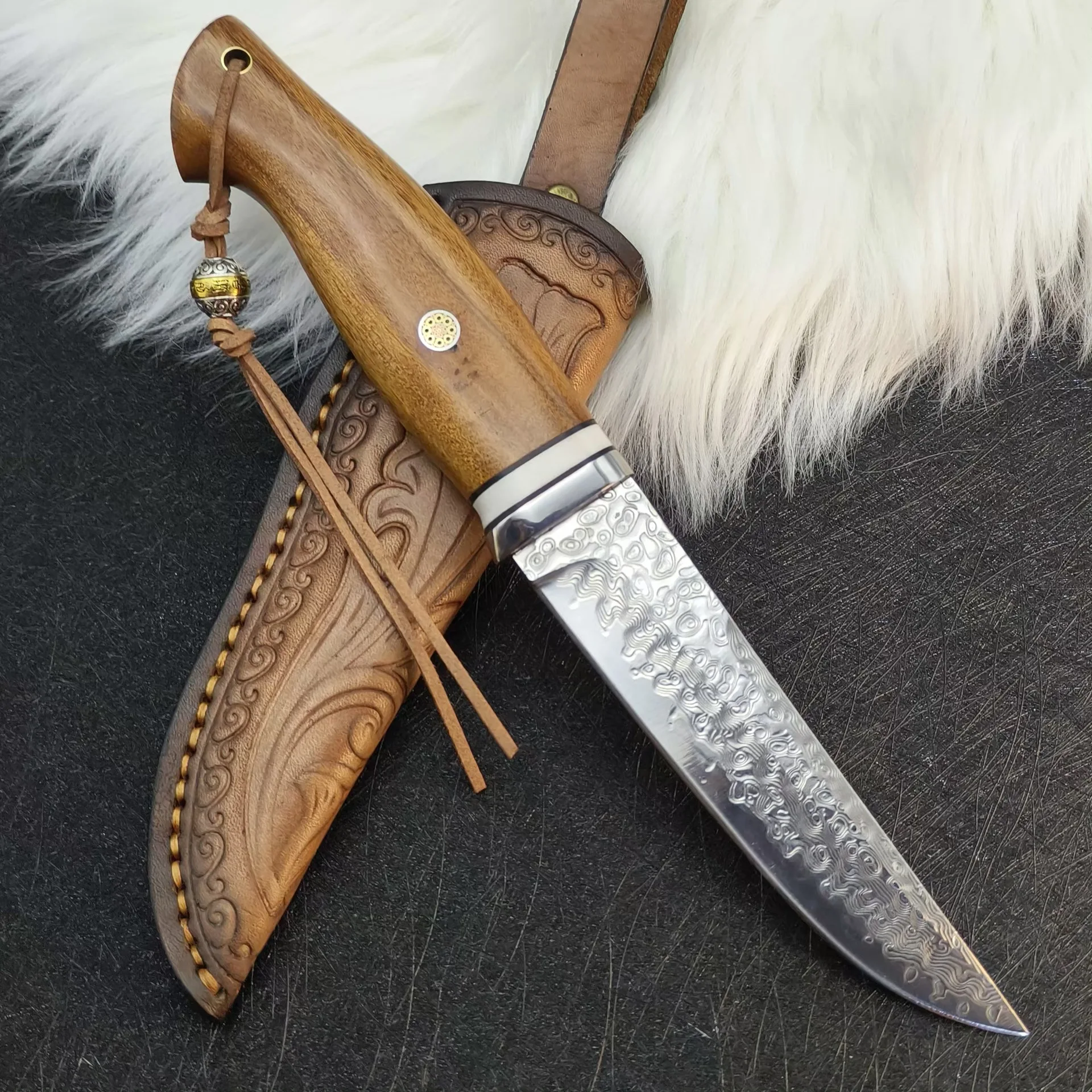 

Hammer pattern forging Damascus steel small straight knives outdoor portable handmade knives camping barbecue knives