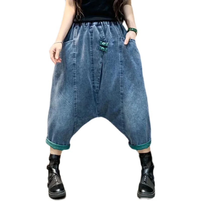 Denim Cross Pants Women New Baggy Casual Vintage Elastic Waist Bloomers Joggers Hip Hop Street Cowboy Trousers Pantalones