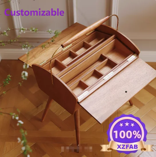 Factory Direct 2026 Retro Handheld Mobile Solid Wood Storage Cabinet Living Room & Bedroom Decorative Divided Storage Box