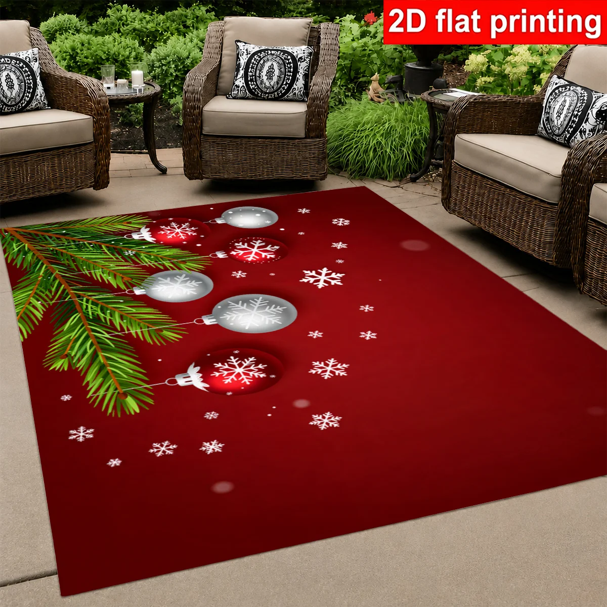 1pc Large Festive Area Rug, Red Background with Green Pine Branches, Red & Silver Baubles and White Snowflakes, Indoor