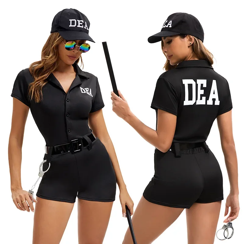 Black Police Costume Cosplay Adult Women Sex Seduction Role play Prison Police Work Hat Sexy Jumpsuit and Handcuffs Truncheon