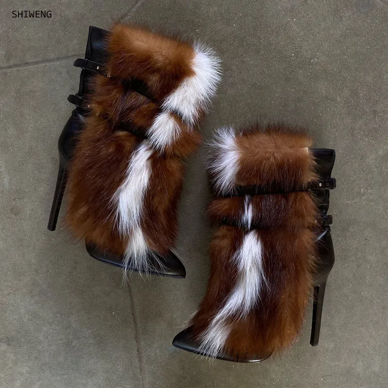 

2025 Pointed Toe Faux Furry Mid Calf Boots Straps Buckle Decor Brown Leather Fur Sexy Women Autumn Comfort Boots 44