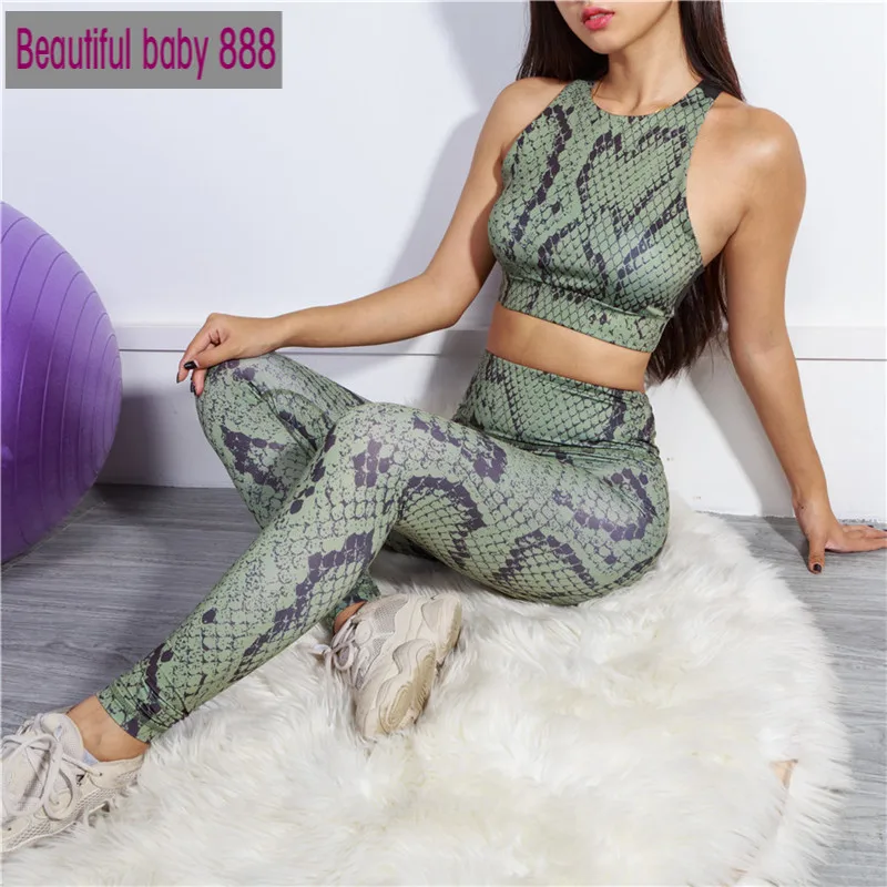 

Meqeisss 2021 new Women sportswear fitness snake pattern 2 pieces set stracksuit print casual sleeveless gym clothing slim thin