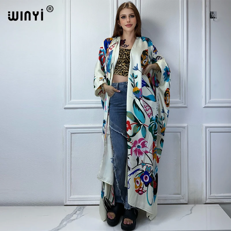 WINYI moda letnia plaża Boho kwiatowy nadruk Cover Up sweter eleganckie wakacyjne Kimono stroje plażowe kobiety sukienka kaftan