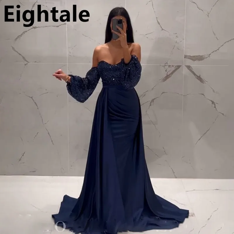 

Eightale 2024 Navy Blue Mermaid Evening Dresses For Wedding Party Sequined Puff Sleeve Formal Prom Dress Dubai Party Gown