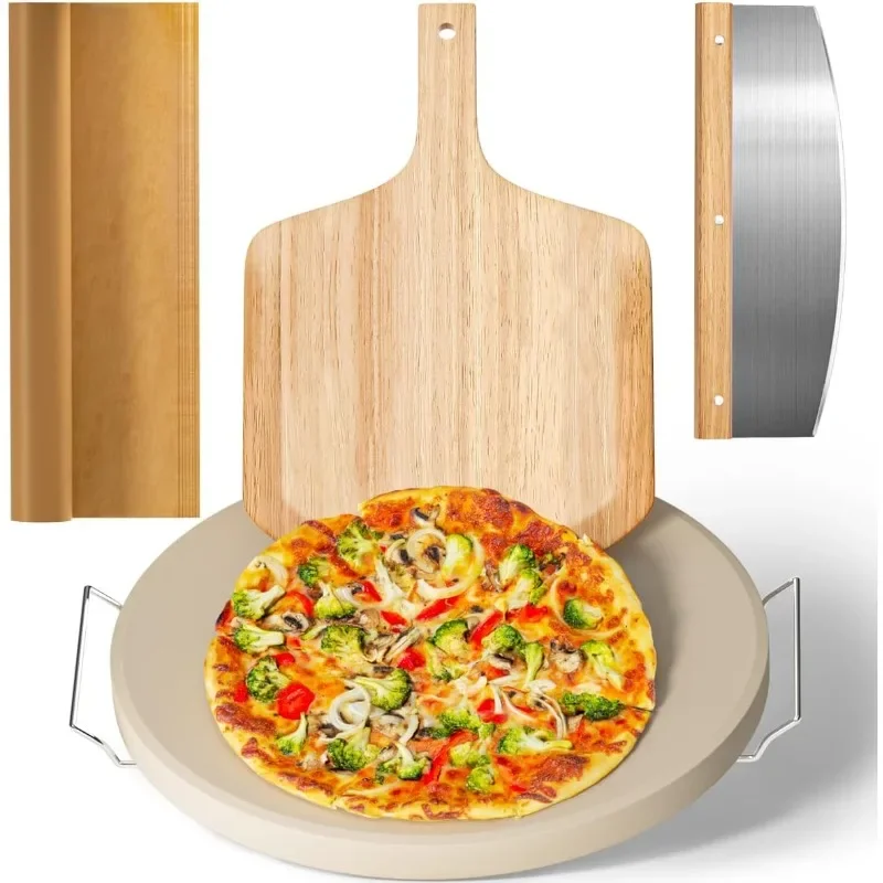 

Stone Set,Heavy Duty 16" Pizza Stone for Oven and Grill with Handle Rack,Pizza Peel(OAK), Pizza Cutter Rocker & Cooking