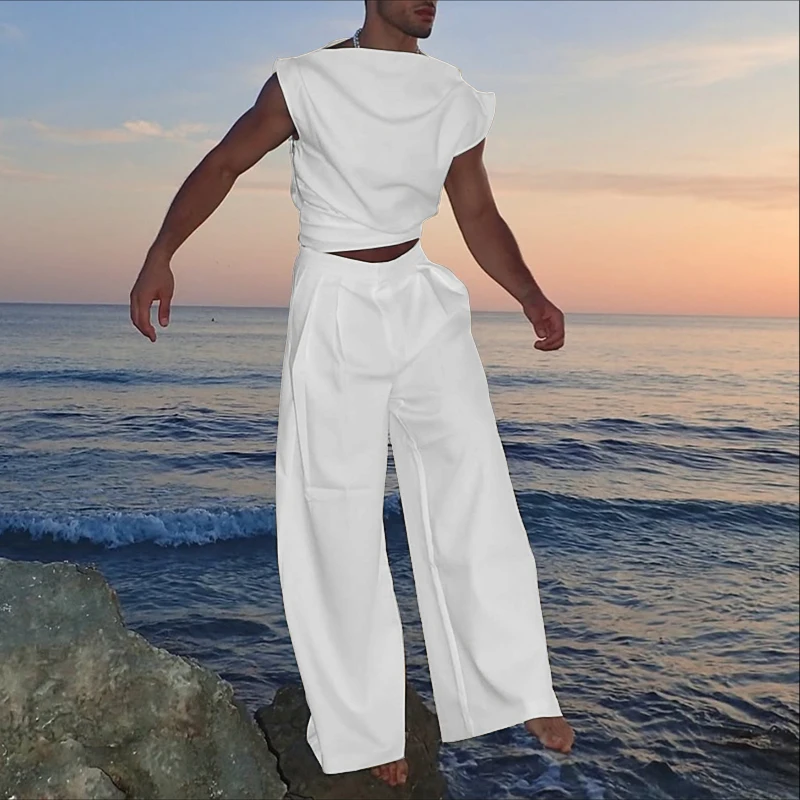 Incerun conjuntos masculinos cor sólida sem mangas plissado colheita tank tops & calças duas peças define streetwear solto 2025 moda ternos masculinos