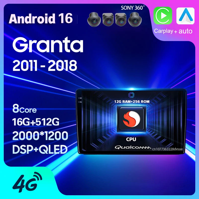 Android 16 Carplay Auto For LADA Granta Sport 2011 2012 - 2018 Car Radio GPS Player Navigation 360 Camera Qualcomm Video Stereo