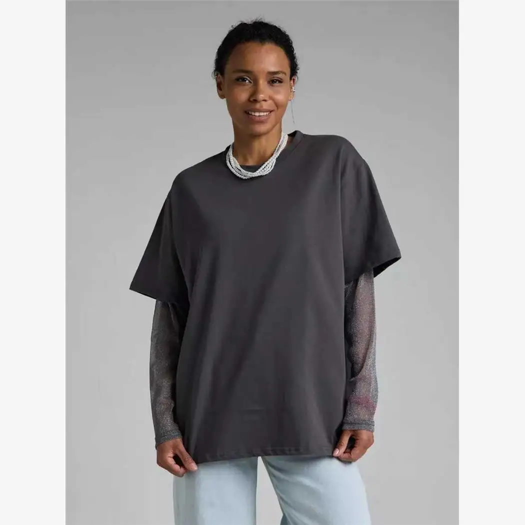 New Spliced Mesh Sleeve Loose T-Shirt Bright Thread Street Style Long Sleeve round Neck Mid-Length Pure Color Women's Top