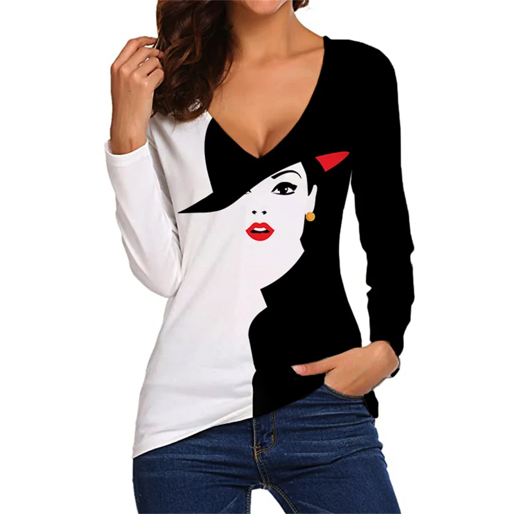 2022 Autumn Winter V Neck Basic Tops Black / 3D Print Shirt Abstract Portrait Painting Long Sleeves T Shirt Long Print Tops Tee