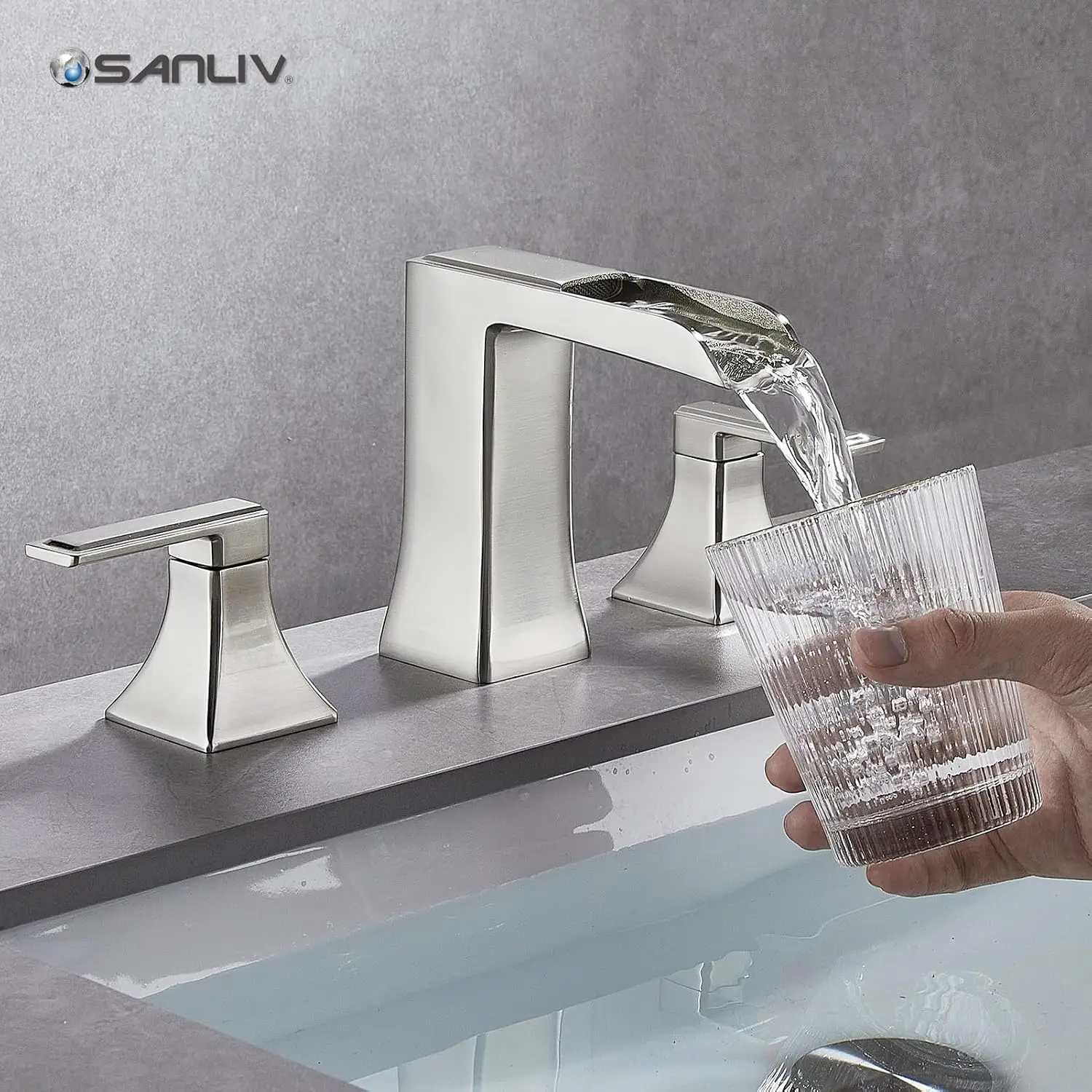 Brushed Nickel Bathroom Faucet, Widespread Bathroom Faucet for 3-Hole Sinks 4-8 inch, 2-Handle Waterfall Vanity Faucets with Pop-Up Drain, Brushed Nickel