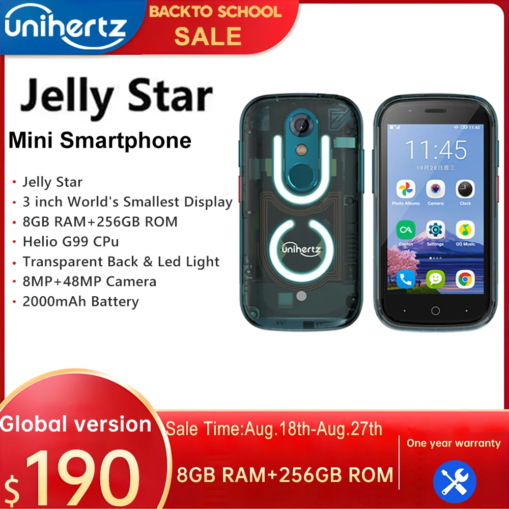 Unihertz Jelly Star Android 13 8GB 256GB Led Light Unlocked Transparent Backshell 48MP 3 inch 2000mAh