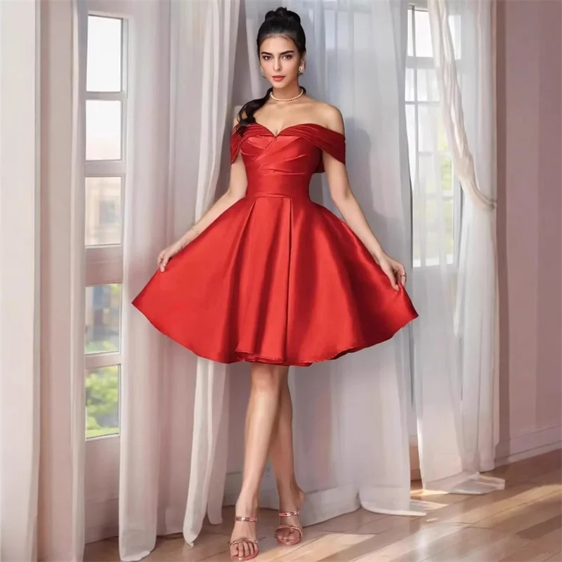 Short Satin Pleat Ppckets Boat Neck Knee Length Bridesmaid Dresses Wedding Party Evening Prom Homecoming Cocktail Lace Up Back