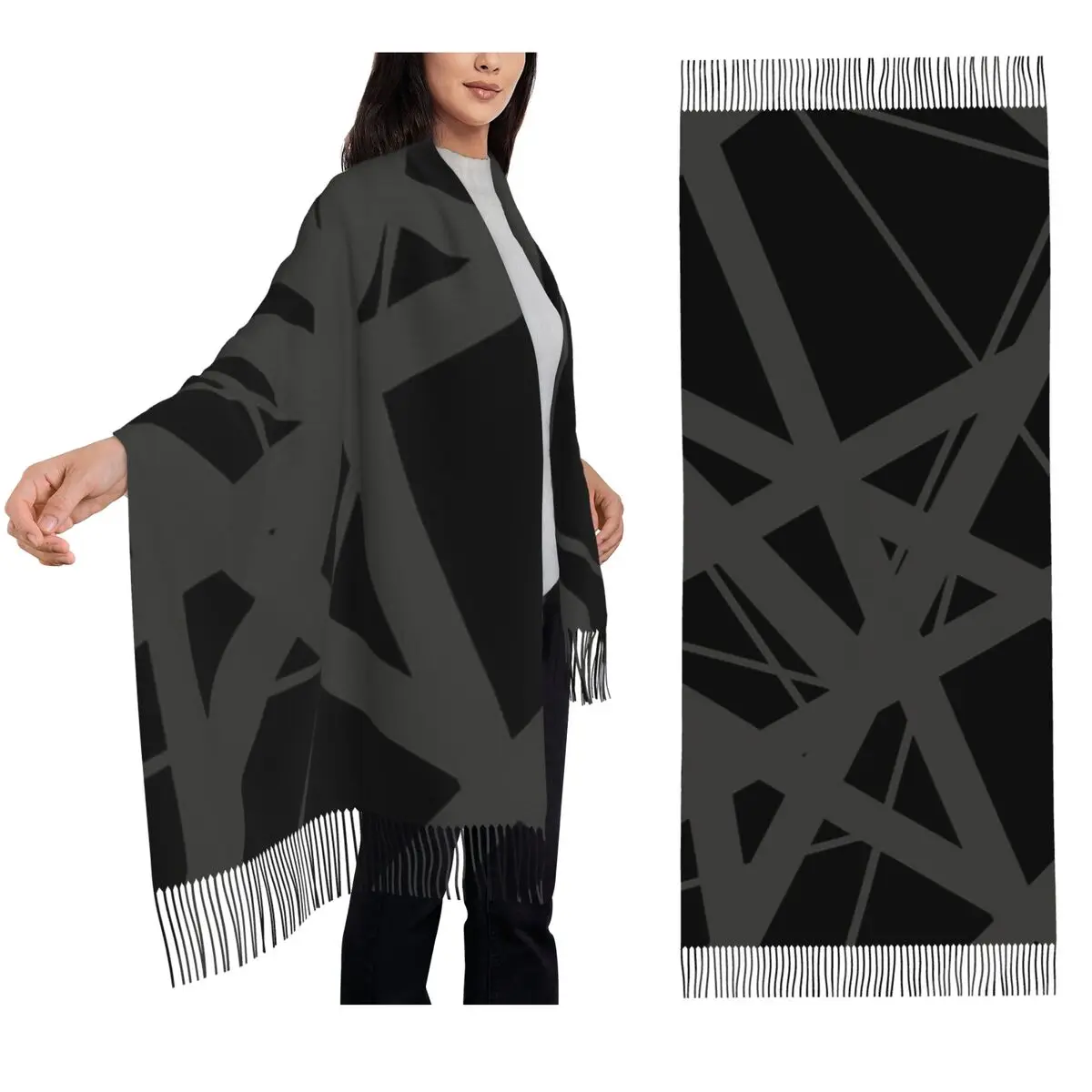 ผ้าพันคอไหมพรมลายทางแท้ ดีไซน์พู่ห้อย ผ้าคลุมไหล่ผู้หญิง เนื้อนุ่ม อุ่นสบาย ผ้าคลุมไหล่ขนาดใหญ่สำหรับฤดูใบไม้ร่วงและฤดูหนาว