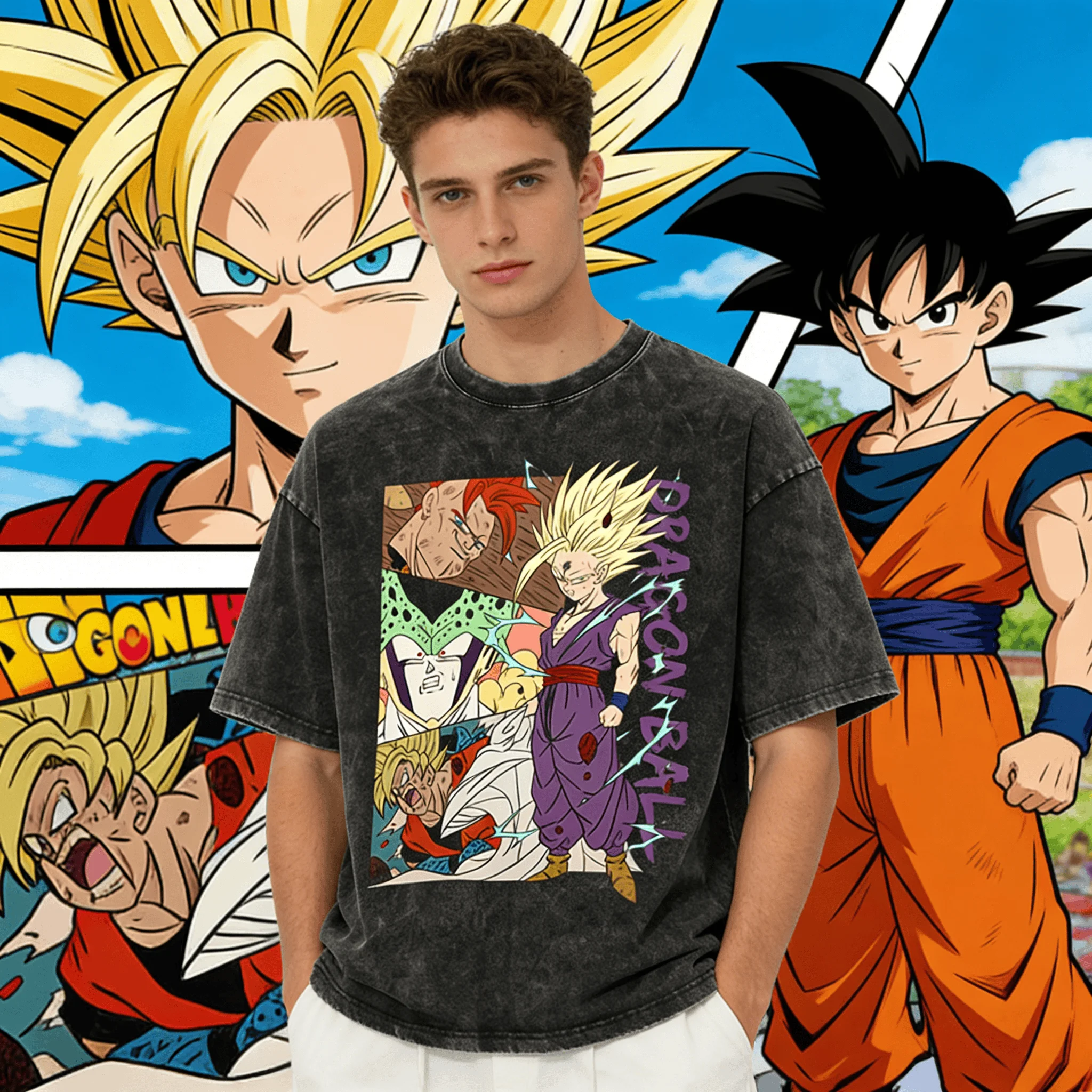 Camisetas Vintage Dragon Ball 2026 de Algodón Lavado Oversize Unisex con Estampado de Broly Dual Forms, Majin Boo, Gohan y Cell Saga Anime