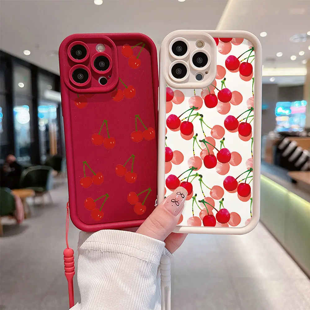 Fruit red cherry Phone Case for Samsung S24 S23 S22 S21 S20 FE Plus Ultra 5G Soft Silicone TPU Cover with Hand Strap