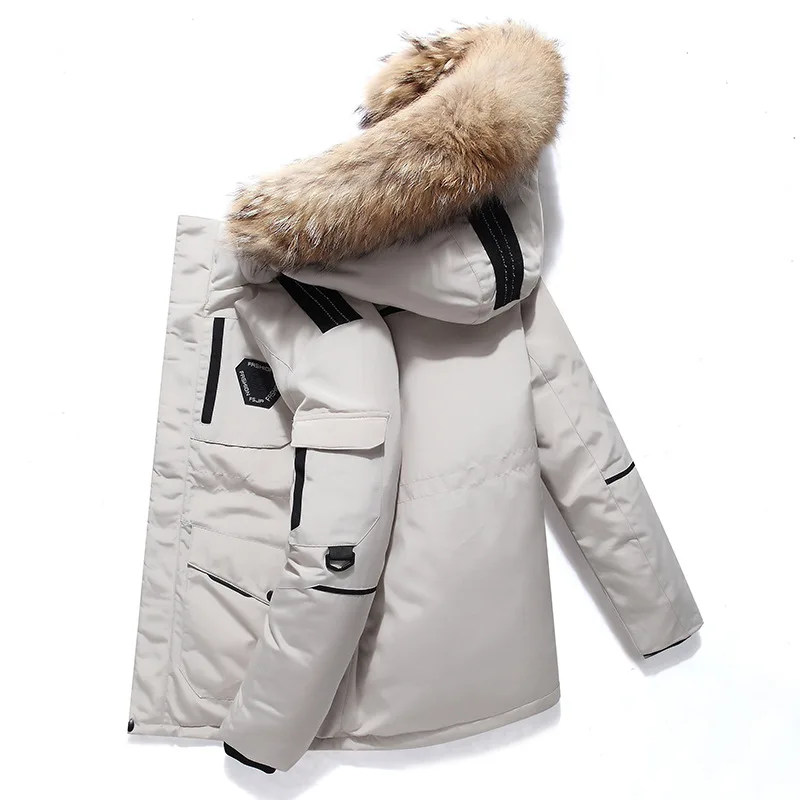 Off white Duck Down Parkas Men Windproof Hooded Thicken Multi-pocket Down Coat Fur Collar Hooded Thick Winter Jacket