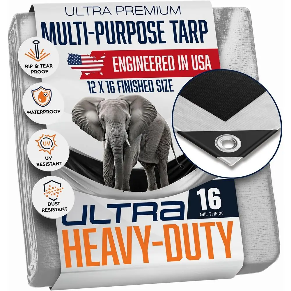 

Heavy-Duty 12x16 Tarp, 16 Mil Thick, UV-Resistant, Grommets at 18, Reversible Silver/Black Waterproof Poly Tarpaulin
