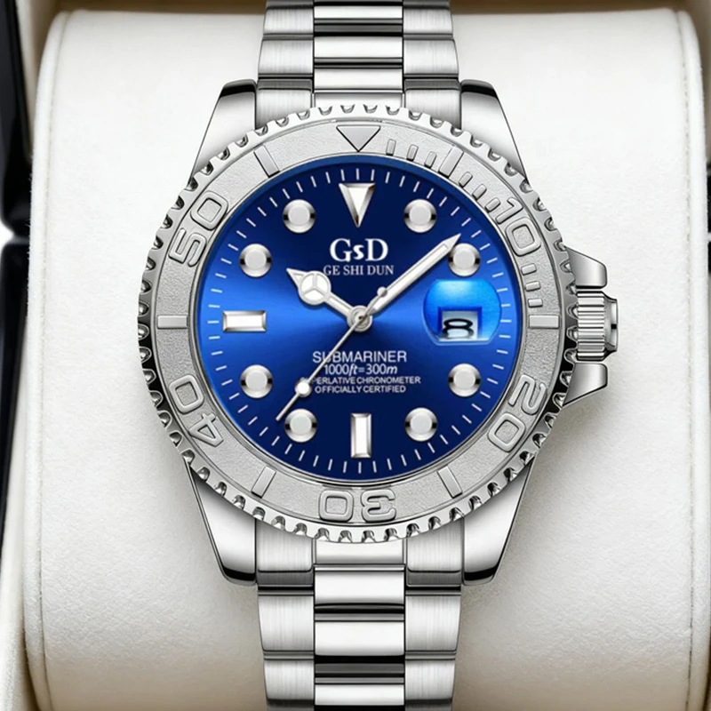 

A men's silver-blue classic light-luxury style calendar stainless steel band fully automatic mechanical watch