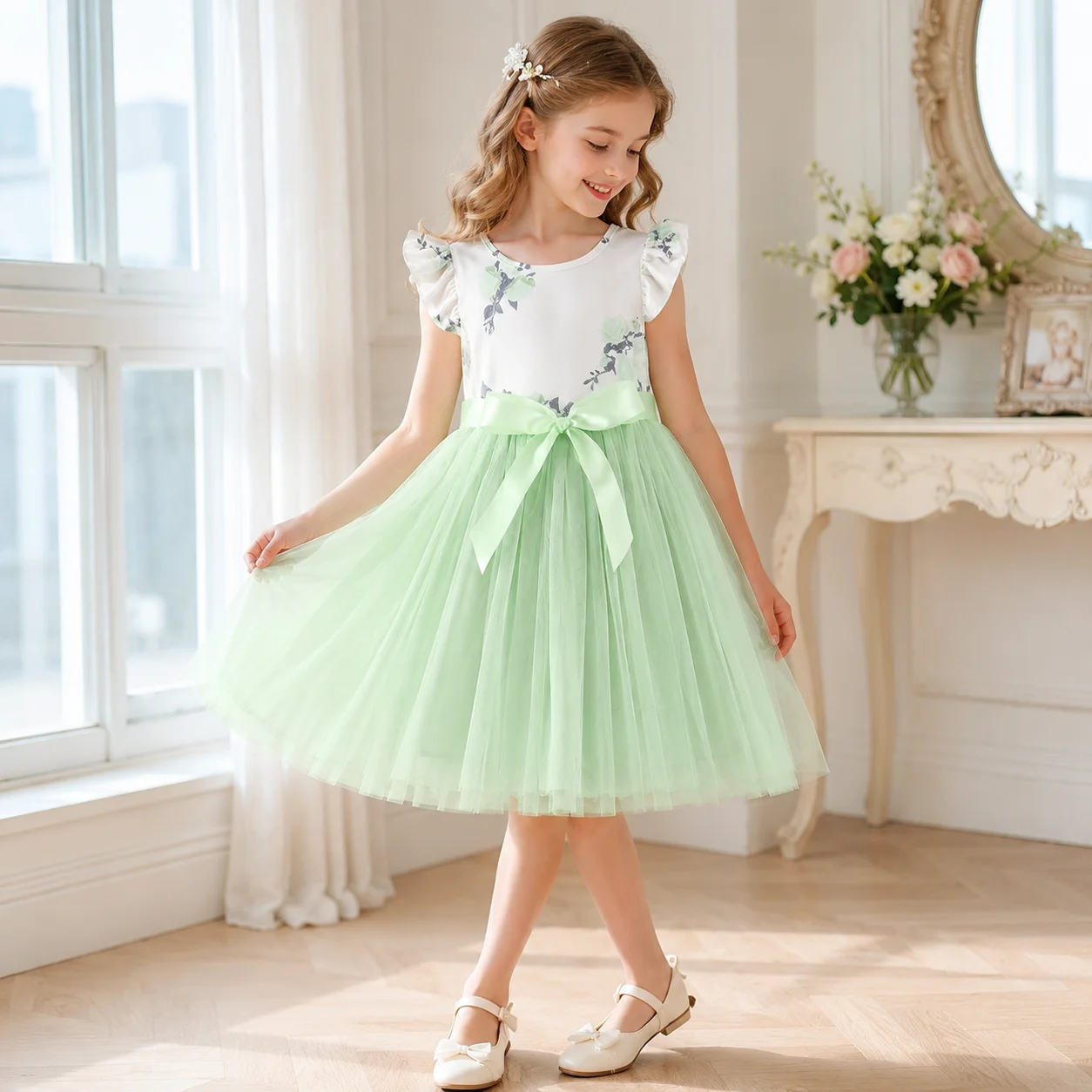 Robe tutu à imprimé floral vert clair pour filles, avec ceinture à nœud, robe de soirée princesse d'été à manches courtes pour tout-petits et enfants de 3 à 8 ans