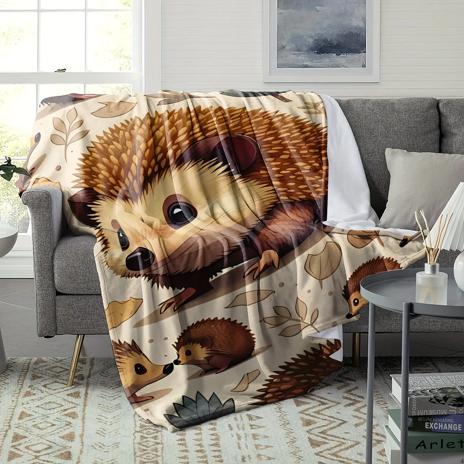 Adorable Hedgehog Cartoon Flannel printed blanket suitable for all seasons suitable for living room office sofa and travel